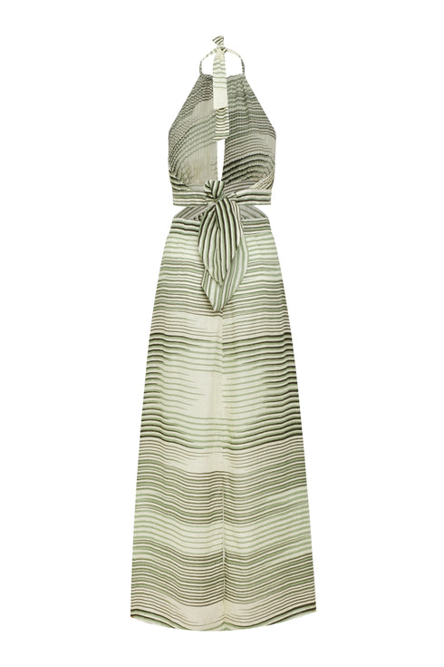 San Agustin Pleated Linen Midi Dress / Green Stripes
